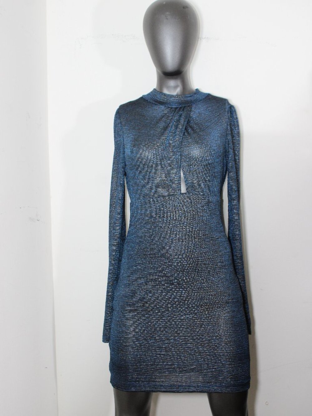 Mystic Iridescent Blue Shimmer Keyhole Long Sleeve Bodycon Mini Dress Small